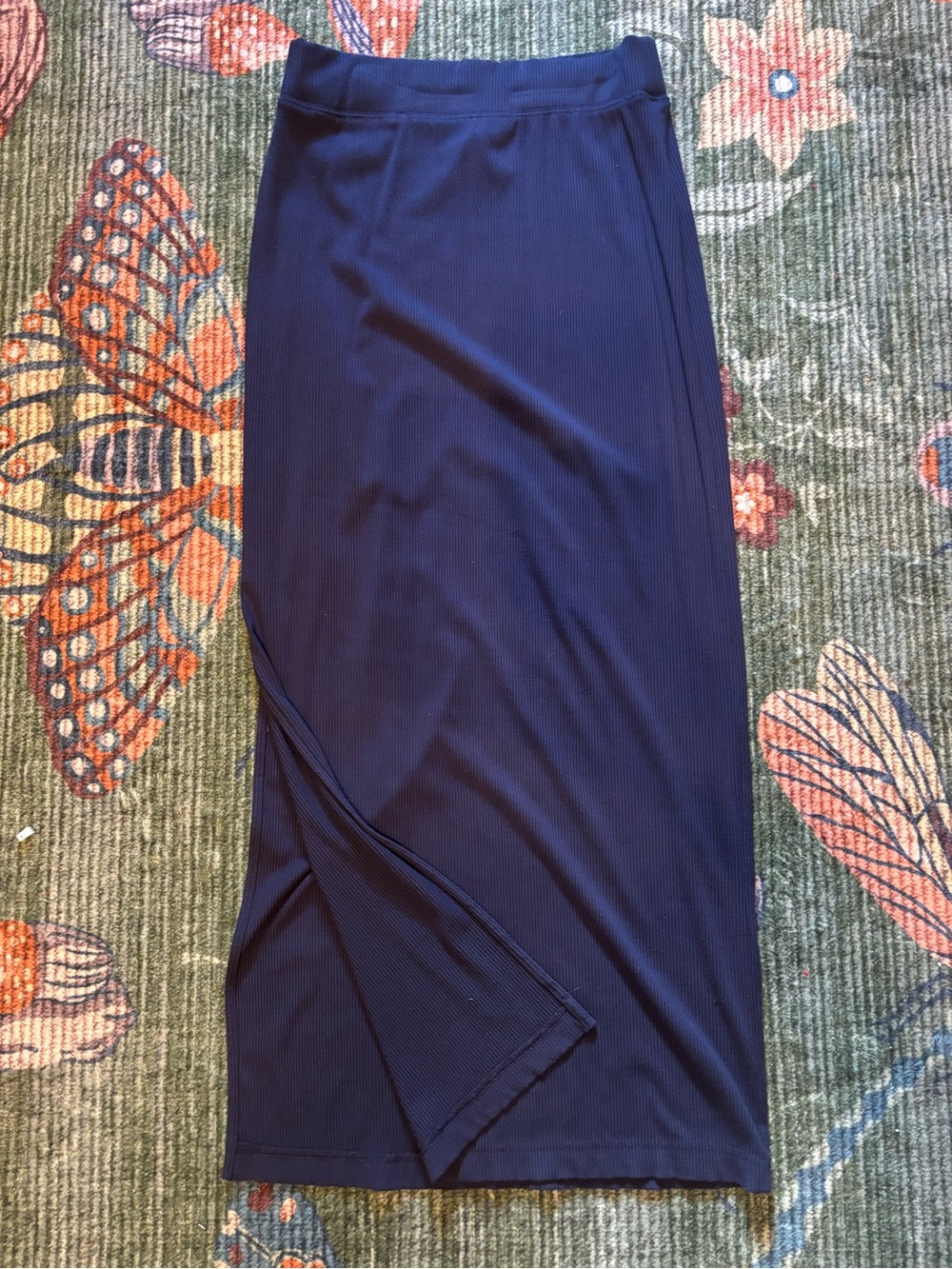 aerie Navy Ribbed Maxi Skirt with Side Slit